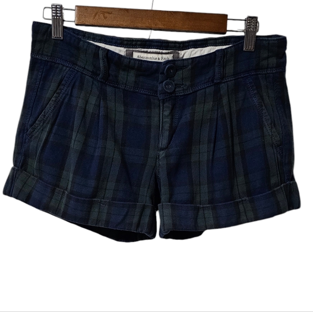 Abercrombie & Fitch | Y2K Blue & Green Plaid Cotton Shorts with Cuffed Hems